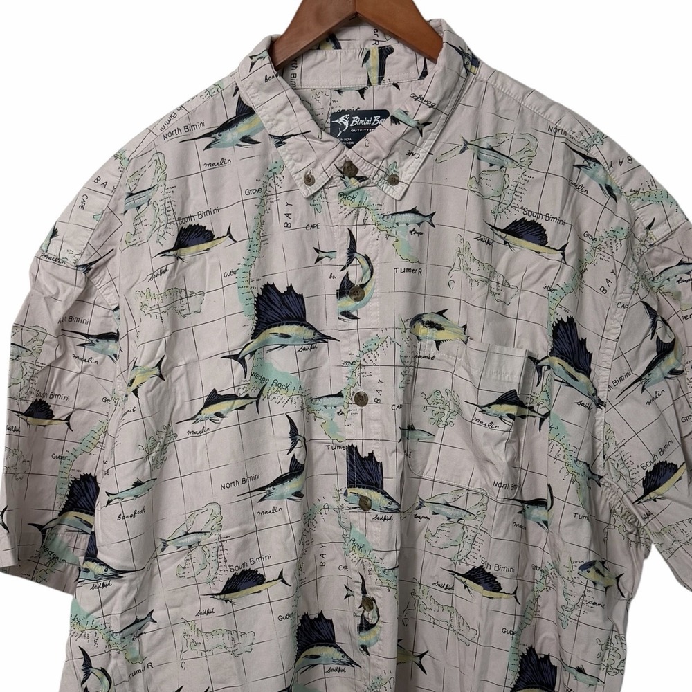 Bimini Bay Outfitters Mens 2XL Fishing Shirt Map Fish Print Button Up